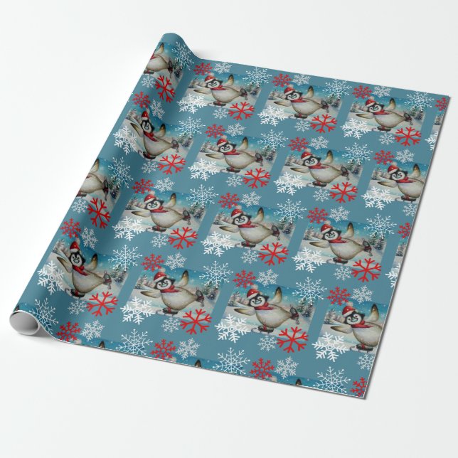 Whimsical Penguin Ice Skating Watercolor Art Wrapping Paper (Unrolled)