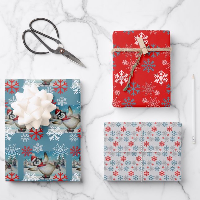 Whimsical Penguin Ice Skating Watercolor Art Wrapping Paper Sheets (Front)