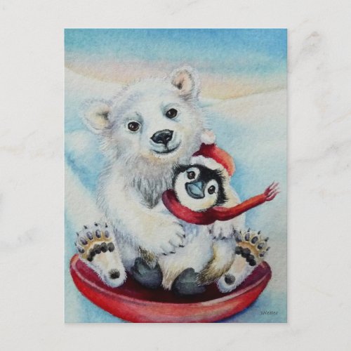 Whimsical Penguin  Polar Bear Watercolor Art Postcard