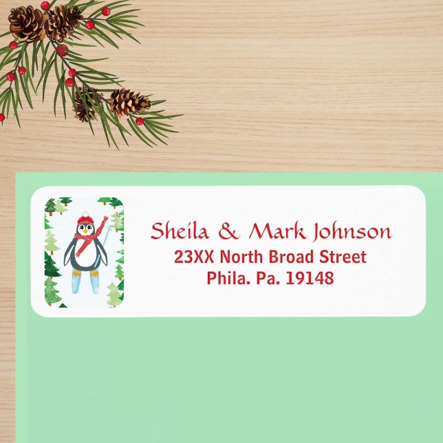 Whimsical Penguin Skiing Christmas Tree Art Label (Penguin Skiing on Mountain Christmas Trees Label)