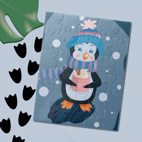 Whimsical Penguin with Cup of Hot Cocoa Kid Puzzle