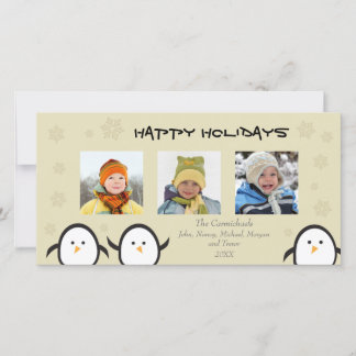 Whimsical Penguins Holiday Photocard (silver) Card