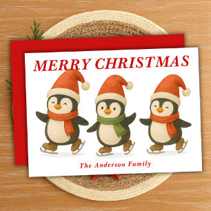 Whimsical Penguins Ice Skating Christmas Holiday Card