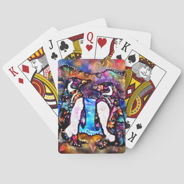 Whimsical Penguins Modern Folk Art Floral Fantasy Poker Cards (Back)