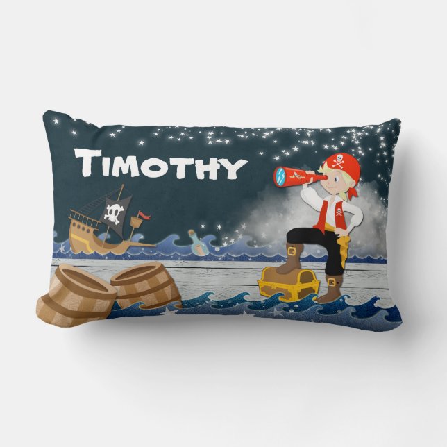Whimsical Personalize Pirate Boy Nighttime Lumbar Pillow (Front)