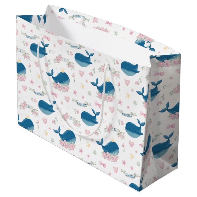 Whimsical Personalized Floral Whale Large Gift Bag (Back Angled)