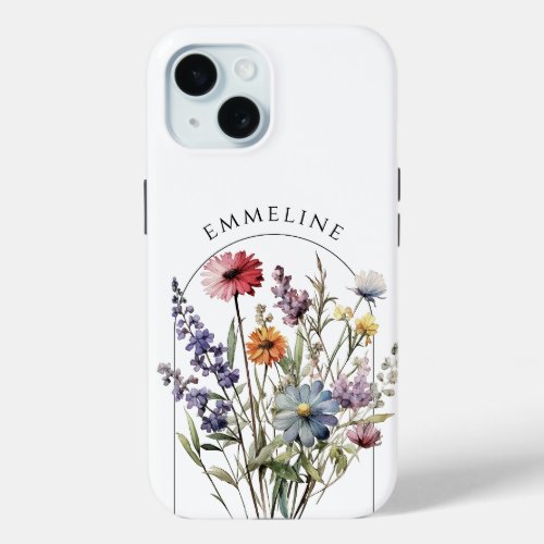 Whimsical Personalized Floral Wildflower Bouquet iPhone 15 Case