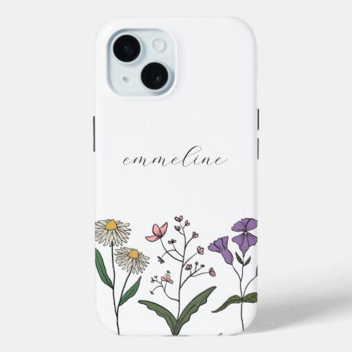 Whimsical Personalized Floral Wildflower  iPhone 15 Case