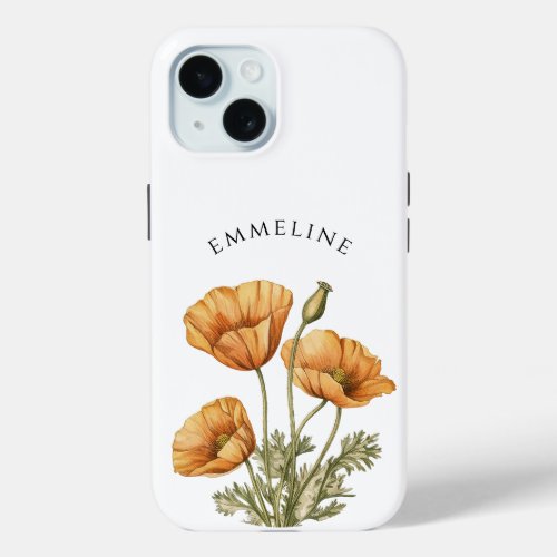 Whimsical Personalized Golden Poppies iPhone 15 Case