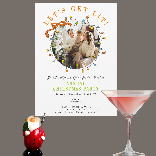 Whimsical Photo Let's Get Lit Christmas Party Invitation (Whimsical Let's Get Lit Christmas cozy holiday gathering open house festive “Mr. & Mrs” Dinner Party)
