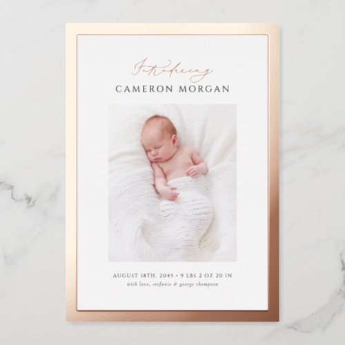 Whimsical Photo Rose Gold Foil Birth Announcement