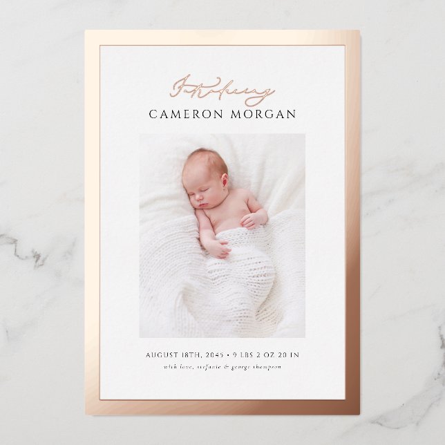 Whimsical Photo Rose Gold Foil Birth Announcement (Front)