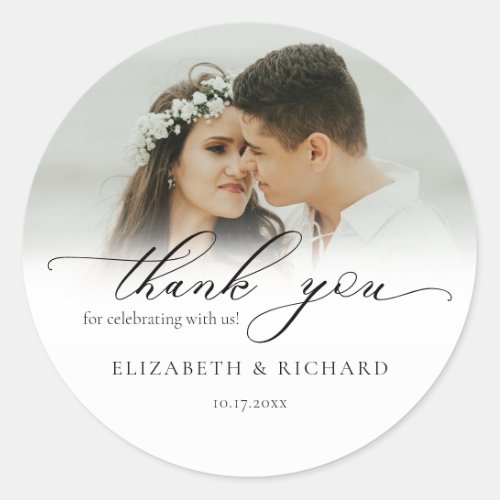 Whimsical Photo Script Thank You Wedding Classic Round Sticker