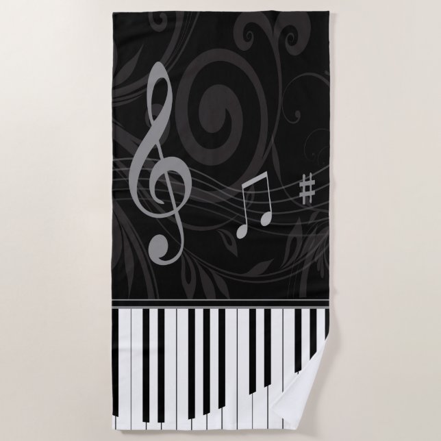 Whimsical Piano and Musical Notes Beach Towel (Front)
