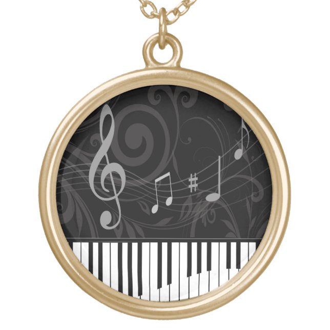 Whimsical Piano and Musical Notes Gold Plated Necklace (Front)
