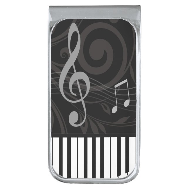 Whimsical Piano and Musical Notes Silver Finish Money Clip (Front Vertical)