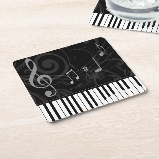 Whimsical Piano and Musical Notes Square Paper Coaster (Angled)