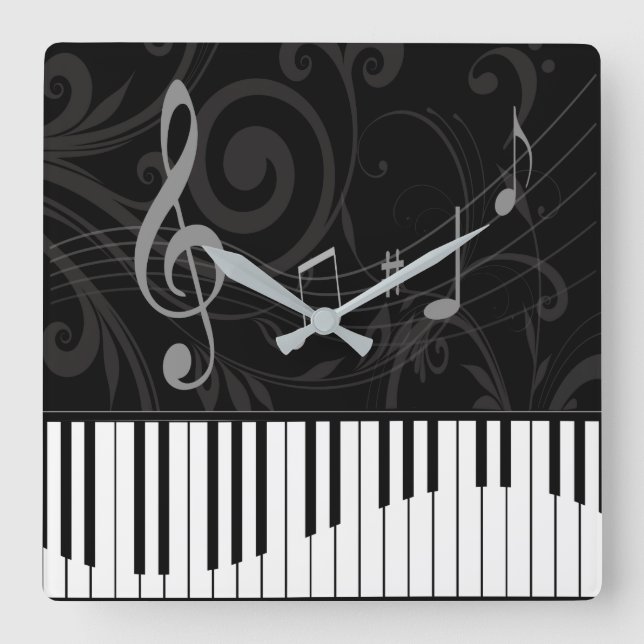 Whimsical Piano and Musical Notes Square Wall Clock (Front)