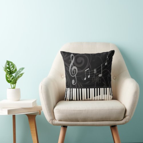 Whimsical Piano and Musical Notes Throw Pillow