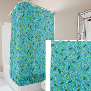 Whimsical Pickles and Flowers Teal Shower Curtain