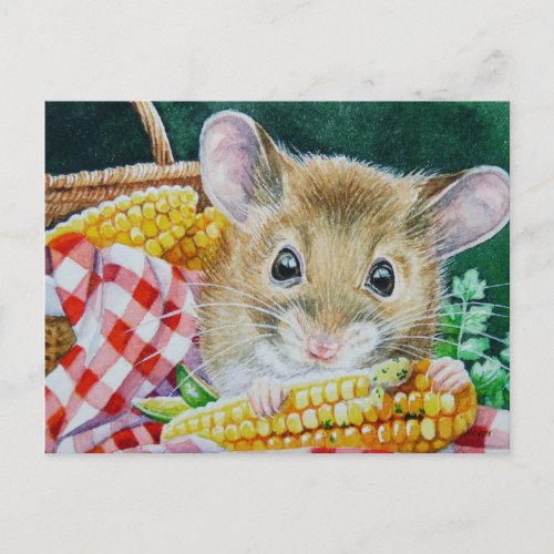 Whimsical Picnic Mouse Eating Corn Watercolor Art Postcard