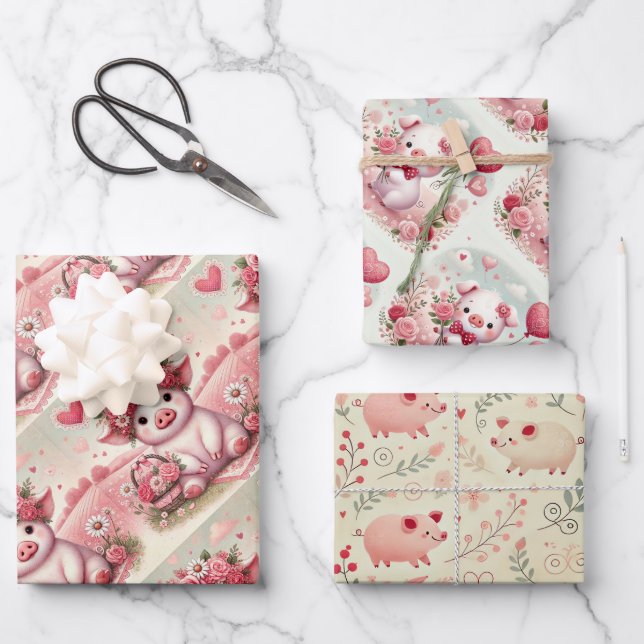 Whimsical Pig Valentines Day Wrapping Paper Sheets (Front)