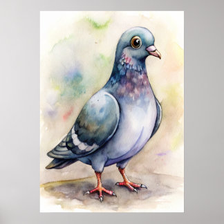 Whimsical Pigeon Watercolor, Nature Illustration Poster