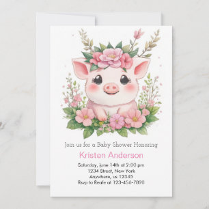 Whimsical Piggy Blissful Pink Girl Baby Shower Invitation
