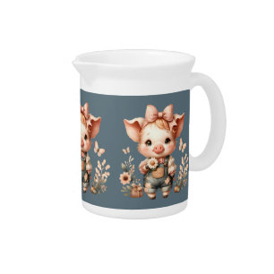 Whimsical Piglet in Pastel Overalls Blue Beverage Pitcher