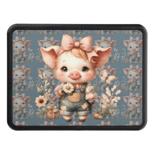 Whimsical Piglet in Pastel Overalls Blue Hitch Cover
