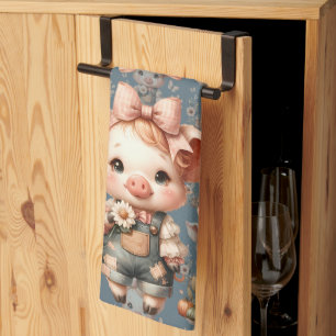 Whimsical Piglet in Pastel Overalls Blue Kitchen Towel