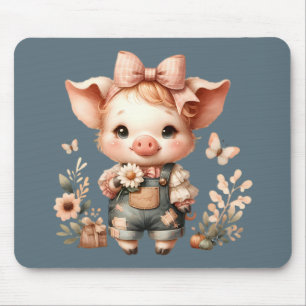 Whimsical Piglet in Pastel Overalls Blue Mouse Pad
