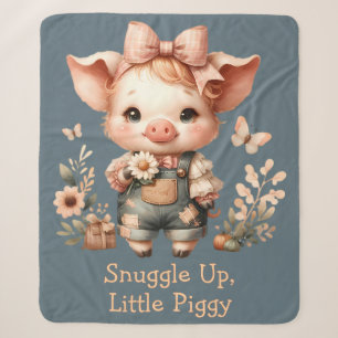 Whimsical Piglet in Pastel Overalls Blue Sherpa Blanket