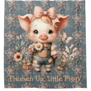Whimsical Piglet in Pastel Overalls Blue Shower Curtain