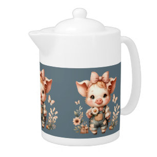 Whimsical Piglet in Pastel Overalls Blue Teapot