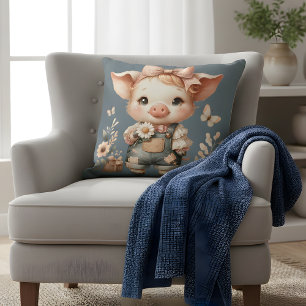 Whimsical Piglet in Pastel Overalls Blue Throw Pillow