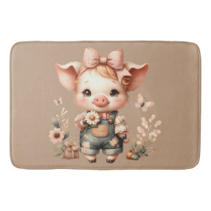 Whimsical Piglet in Pastel Overalls Brown Bath Mat