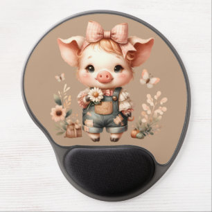 Whimsical Piglet in Pastel Overalls Brown Gel Mouse Pad