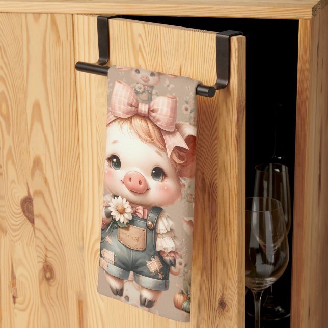 Whimsical Piglet in Pastel Overalls Brown Kitchen Towel (Thirds Fold)