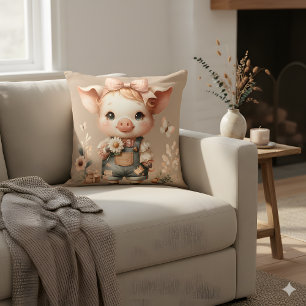 Whimsical Piglet in Pastel Overalls Brown Throw Pillow