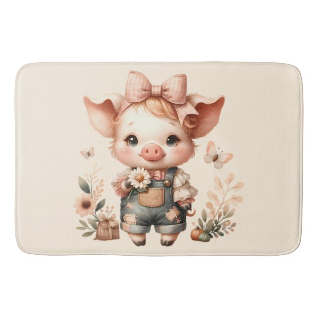 Whimsical Piglet in Pastel Overalls Peach Bath Mat (Front)