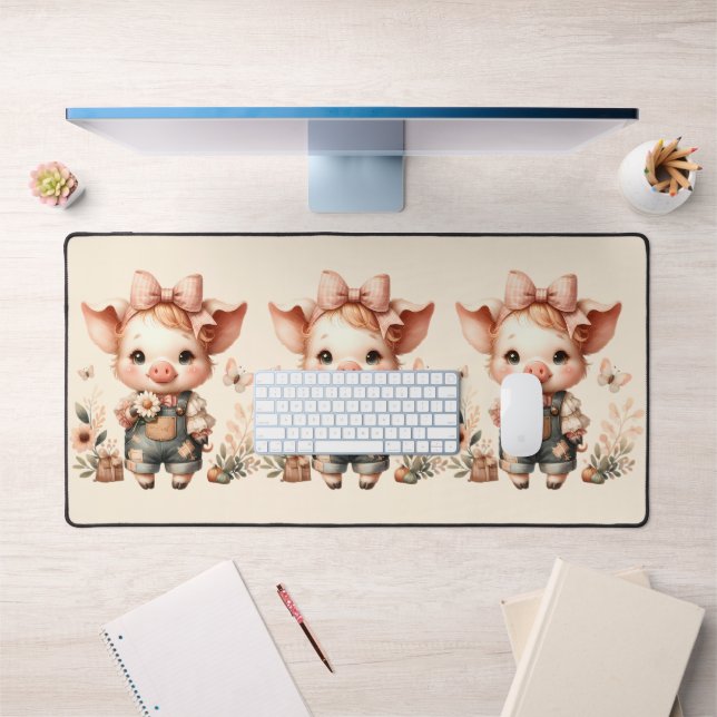 Whimsical Piglet in Pastel Overalls Peach Desk Mat (Office 1)