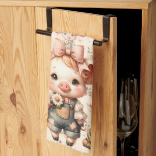 Whimsical Piglet in Pastel Overalls Peach Kitchen Towel