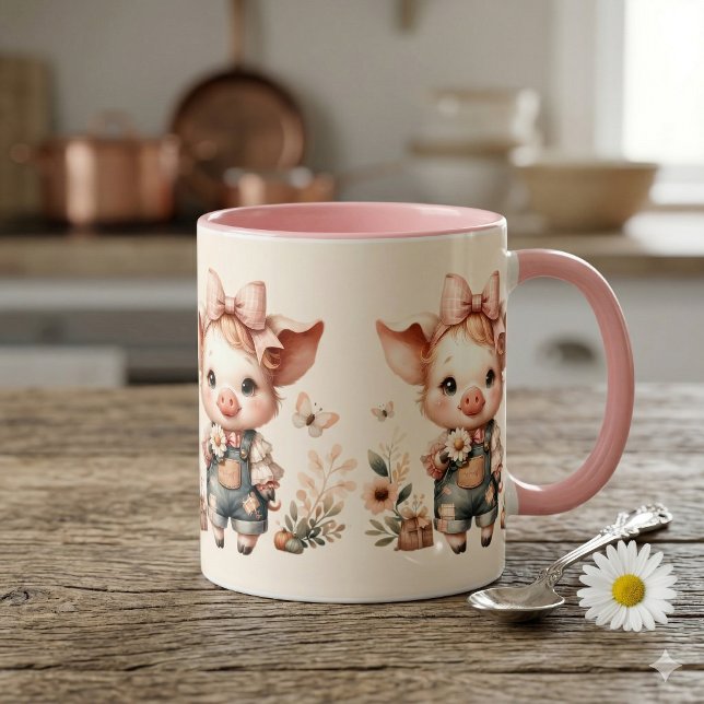Whimsical Piglet in Pastel Overalls Peach Mug (Whimsical Piglet in Pastel Overalls Peach Mug)