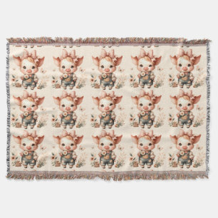 Whimsical Piglet in Pastel Overalls Peach Throw Blanket