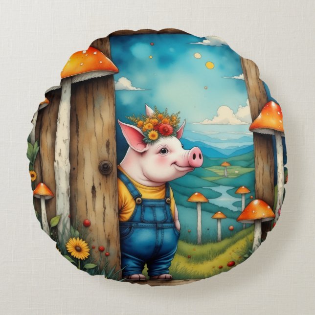 Whimsical Piglet Round Pillow (Front)