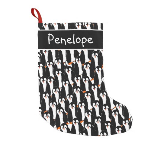Whimsical Piles of Penguins Pattern and Your Name Small Christmas Stocking