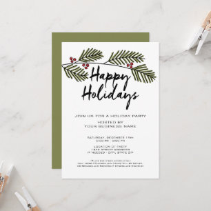 Whimsical Pine Branch Rustic Script Holiday Party Invitation