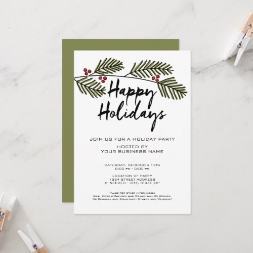 Whimsical Pine Branch Rustic Script Holiday Party Invitation