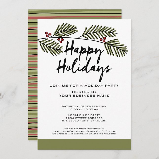 Whimsical Pine Branch Rustic Script Holiday Party Invitation (Front/Back)